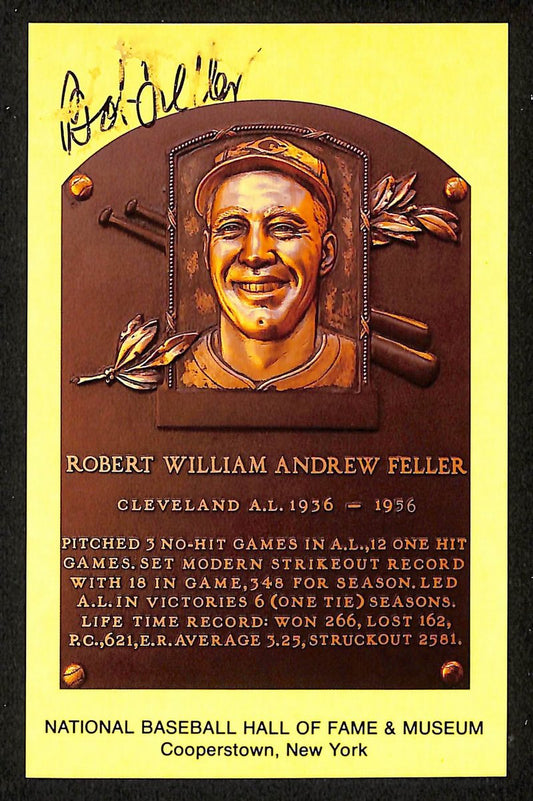 Bob Feller Signed/Auto Gold HOF Plaque Postcard Cleveland Indians 199272