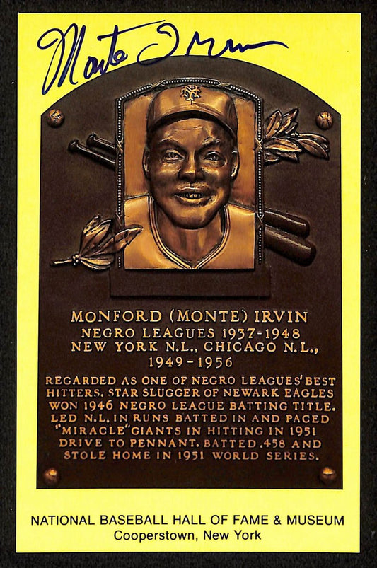 Monte Irvin Signed/Auto Gold HOF Plaque Postcard New York Giants 199273