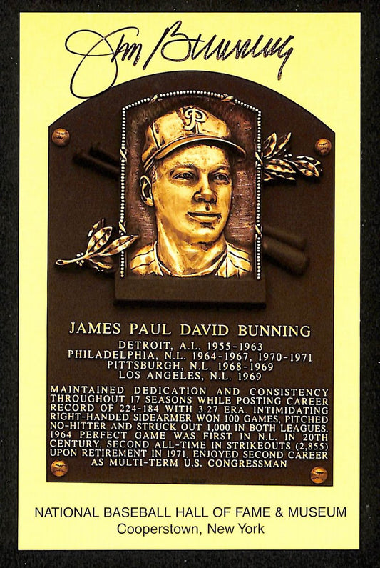 Jim Bunning Signed/Autographed Gold HOF Plaque Postcard Phillies 199274