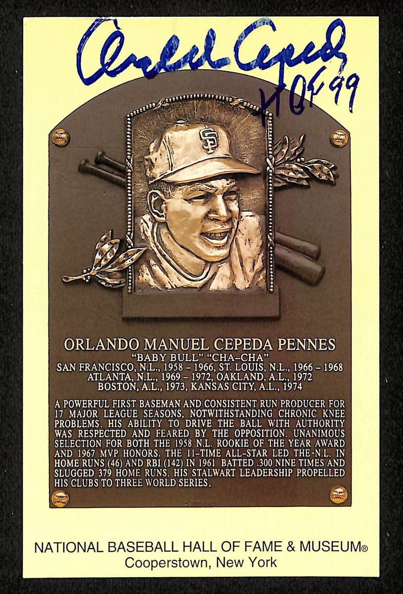 Orlando Cepeda Signed/Inscr Gold HOF Plaque Postcard San Francisco Giants 199279