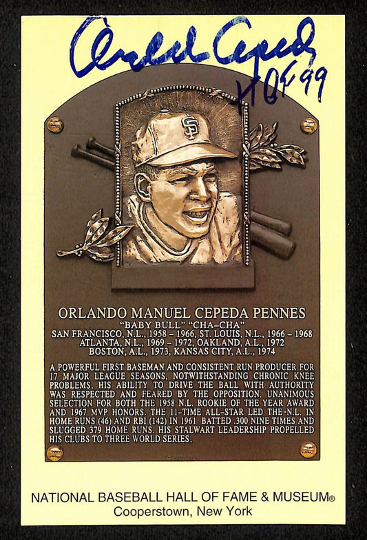 Orlando Cepeda Signed/Inscr Gold HOF Plaque Postcard San Francisco Giants 199279