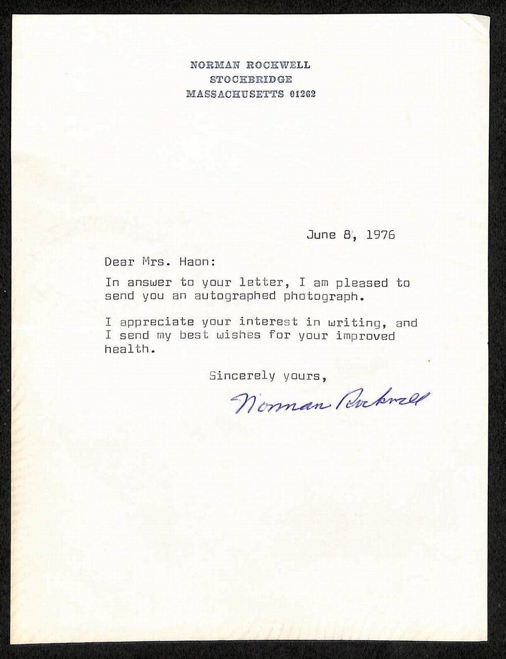 Norman Rockwell Signed Typed Letter (TLS) 5.75" x 7.75" PSA/DNA LOA 199539