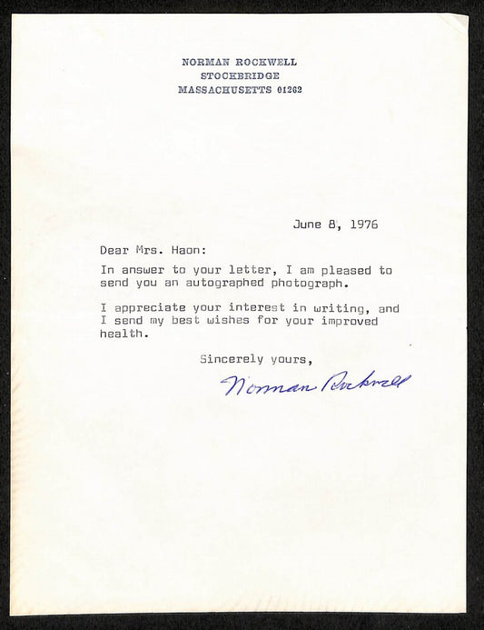 Norman Rockwell Signed Typed Letter (TLS) 5.75" x 7.75" PSA/DNA LOA 199539