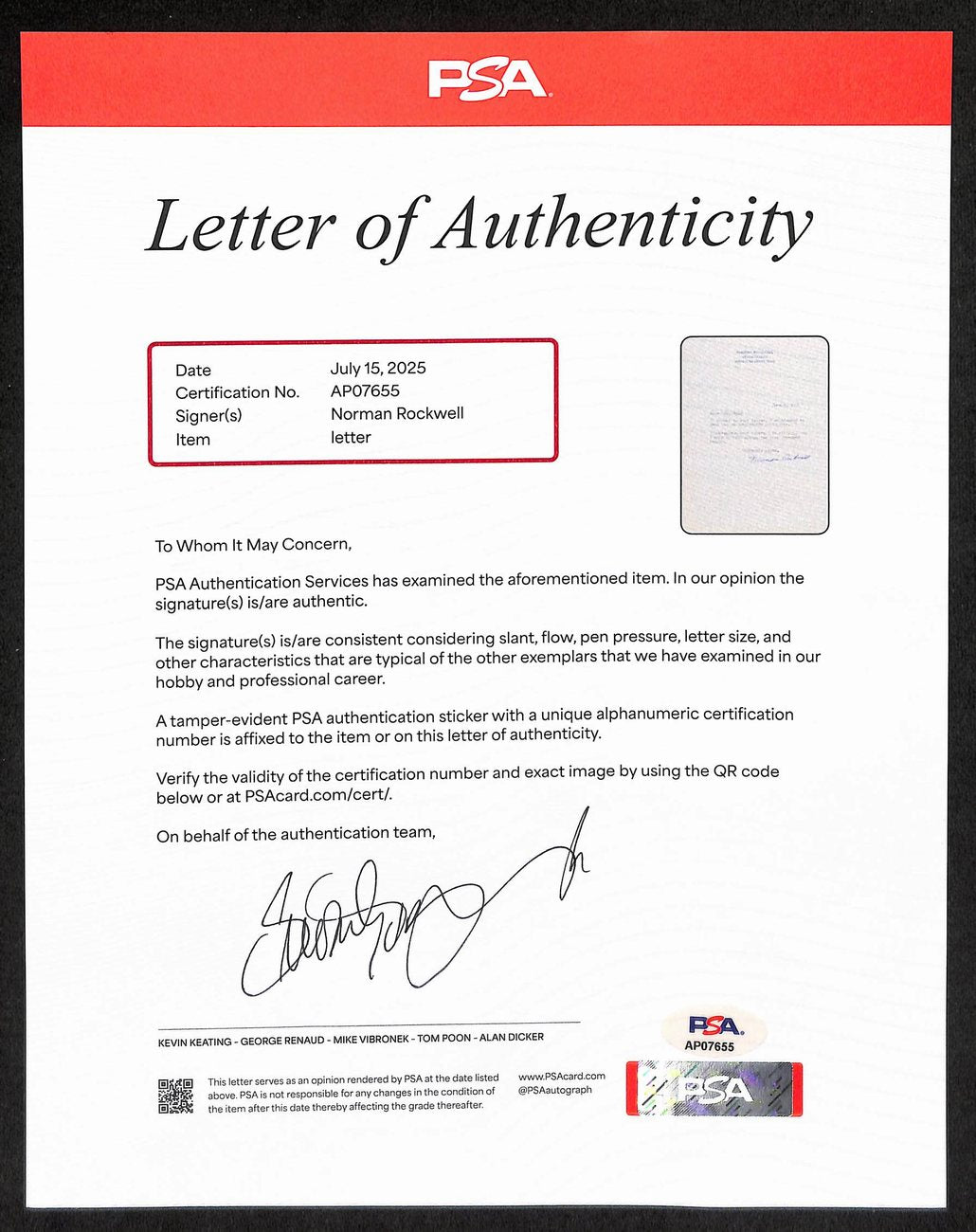 Norman Rockwell Signed Typed Letter (TLS) 5.75" x 7.75" PSA/DNA LOA 199539