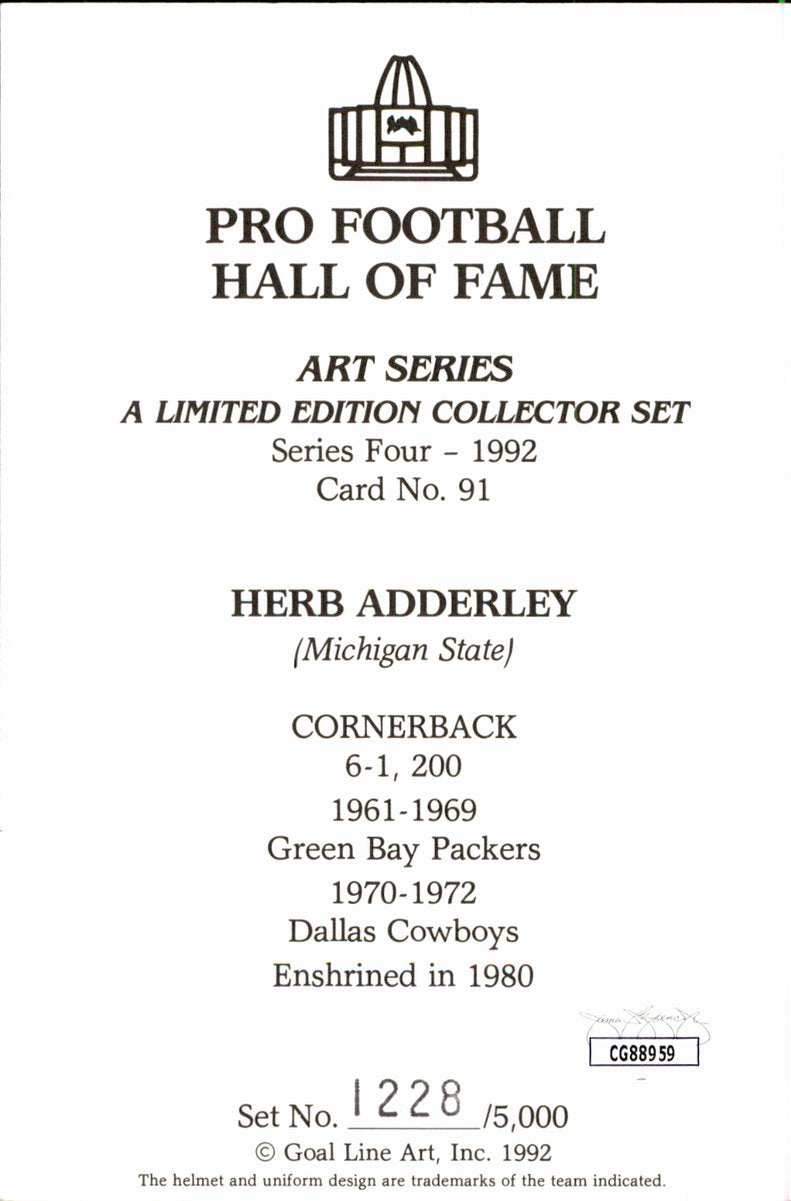 Herb Adderly Packers HOF Autographed Goal Line Art GLAC Postcard JSA
