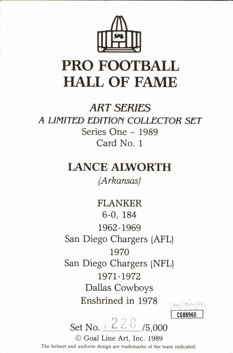 Lance Alworth Chargers HOF Autographed Goal Line Art GLAC Postcard JSA