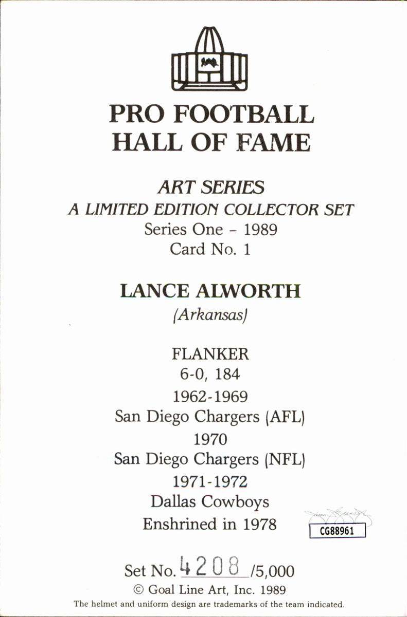 Lance Alworth Chargers HOF Autographed Goal Line Art GLAC Postcard JSA