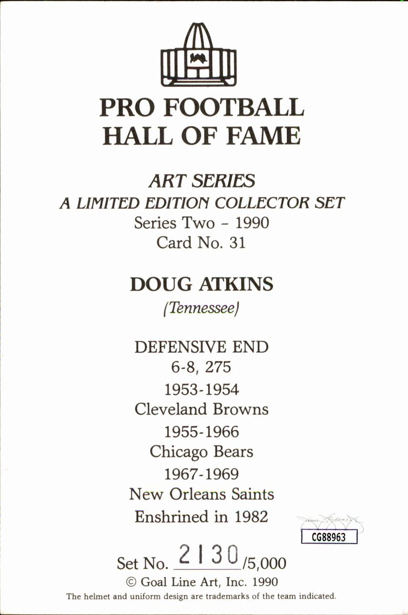 Doug Atkins Bears HOF Autographed Goal Line Art GLAC Postcard JSA