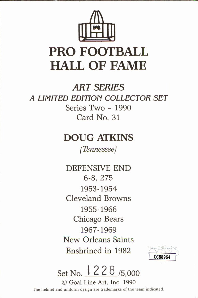 Doug Atkins Bears HOF Autographed Goal Line Art GLAC Postcard JSA
