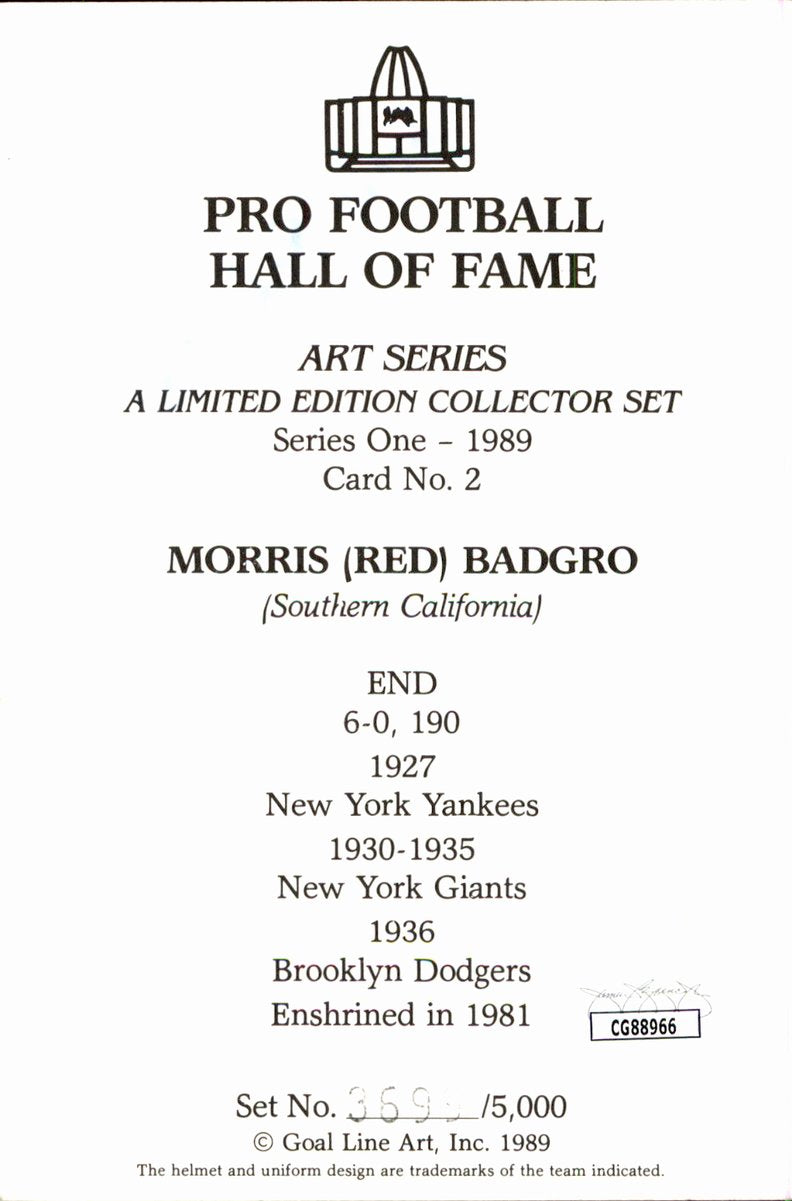 Morris Red Badgro Giants HOF Autographed Goal Line Art GLAC Postcard JSA