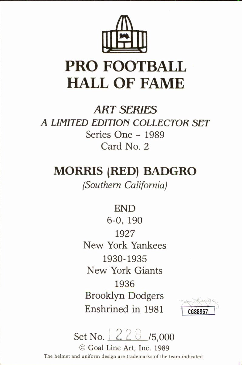 Morris Red Badgro Giants HOF Autographed Goal Line Art GLAC Postcard JSA