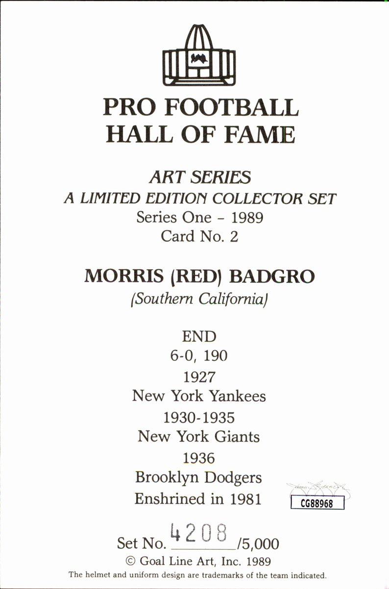 Morris Red Badgro Giants HOF Autographed Goal Line Art GLAC Postcard JSA