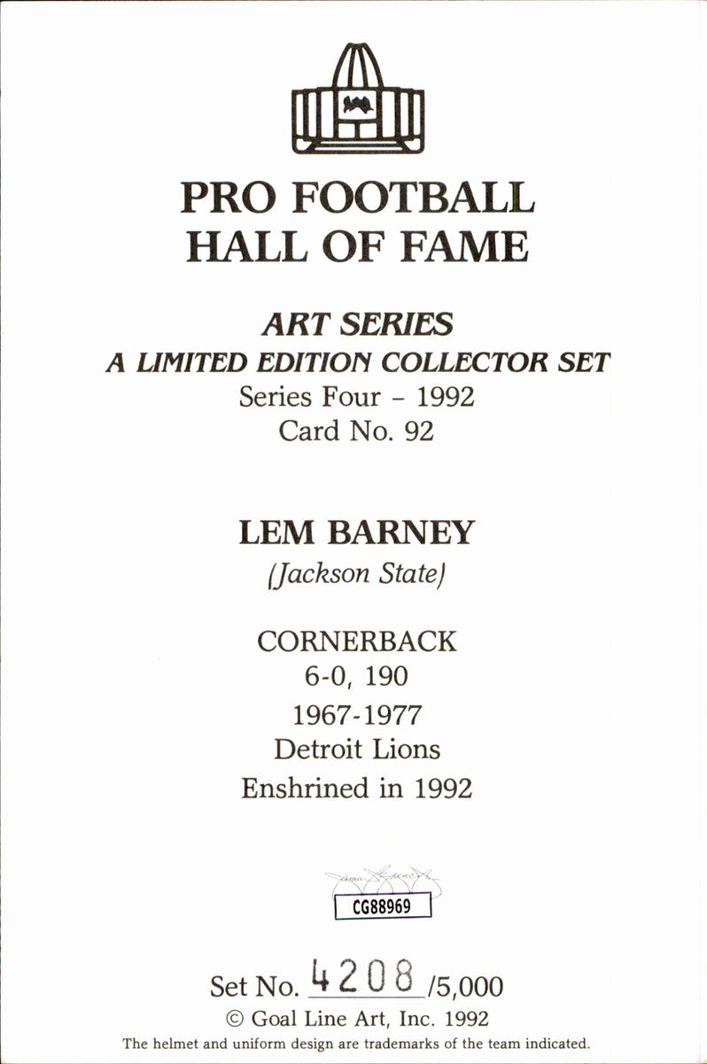 Lem Barney Lions HOF Autographed Goal Line Art GLAC Postcard JSA