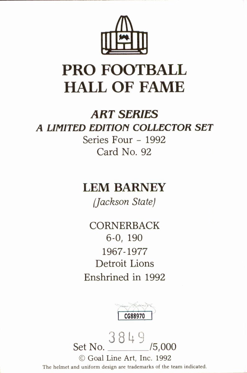 Lem Barney Lions HOF Autographed Goal Line Art GLAC Postcard JSA