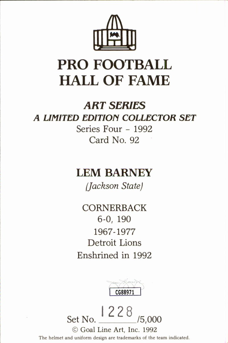 Lem Barney Lions HOF Autographed Goal Line Art GLAC Postcard JSA