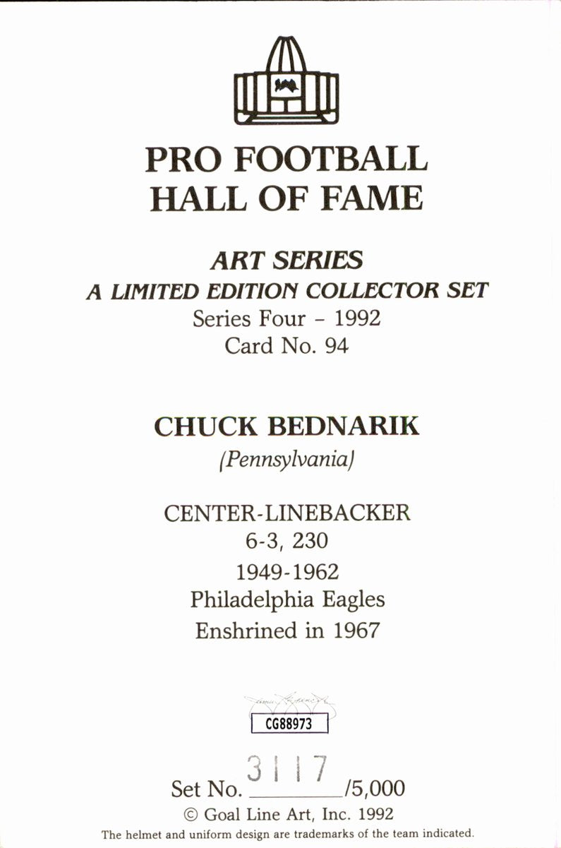 Chuck Bednarik Eagles HOF Autographed Goal Line Art GLAC Postcard JSA