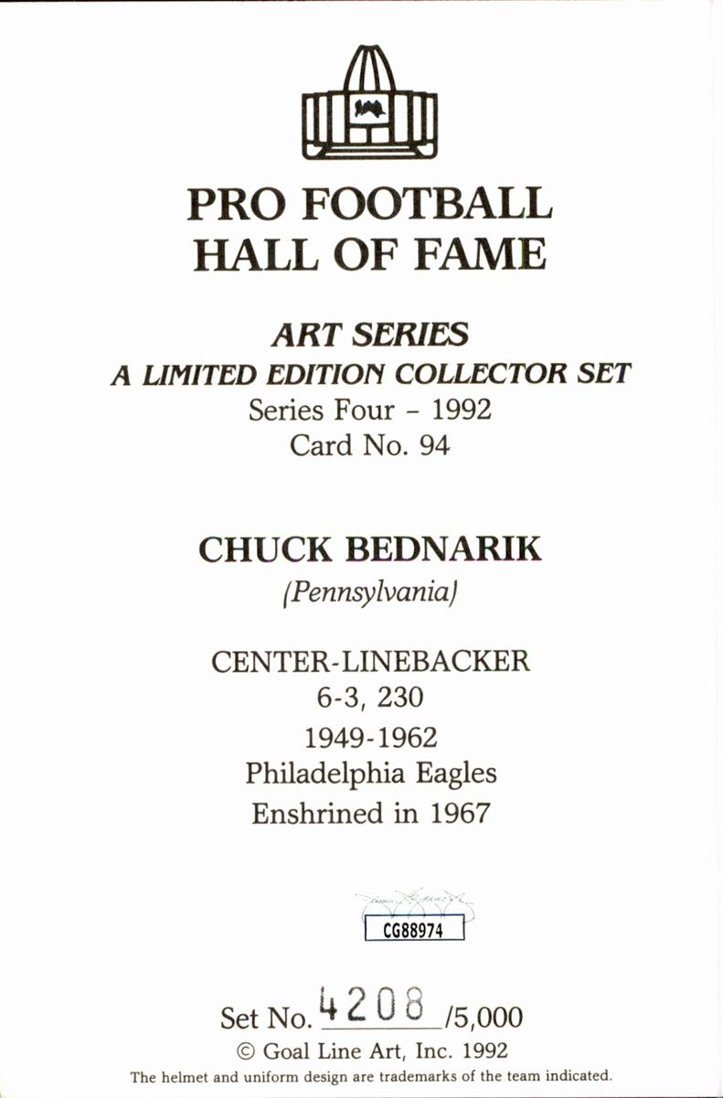 Chuck Bednarik Eagles HOF Autographed Goal Line Art GLAC Postcard JSA