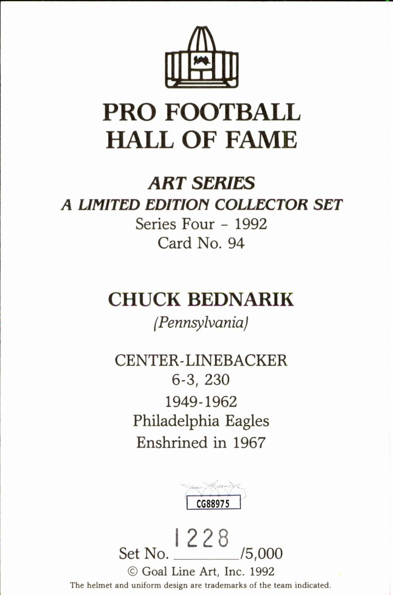 Chuck Bednarik Eagles HOF Autographed Goal Line Art GLAC Postcard JSA
