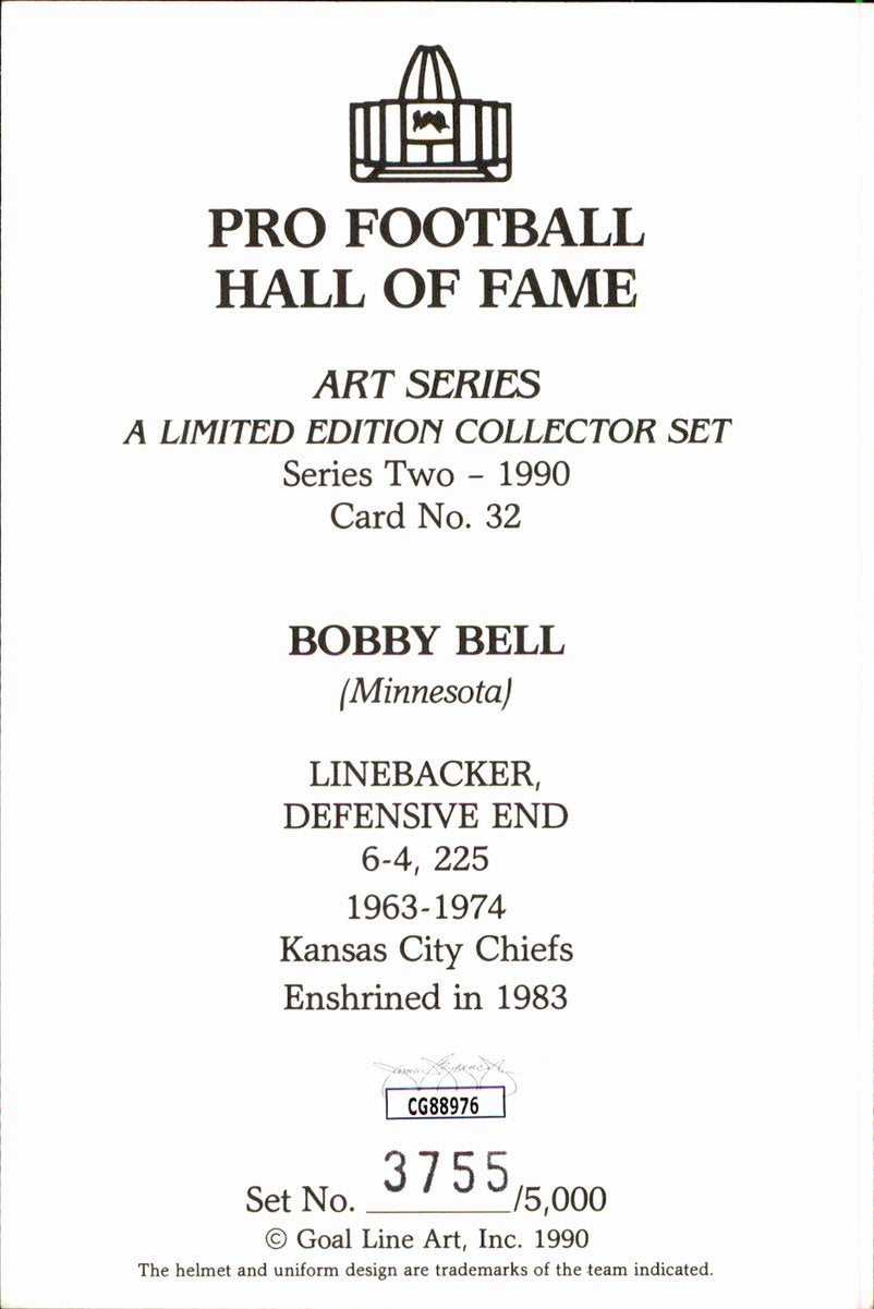 Bobby Bell Chiefs HOF Autographed Goal Line Art GLAC Postcard JSA