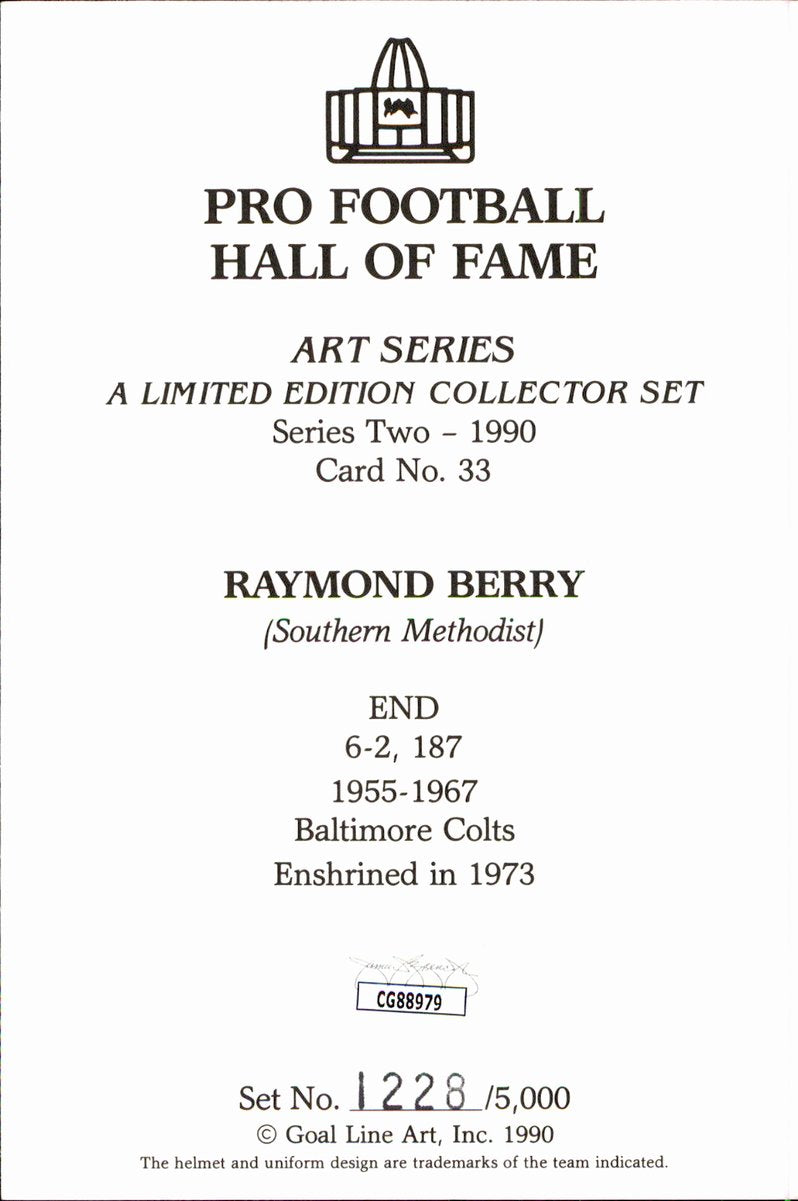 Raymond Berry Colts HOF Autographed Goal Line Art GLAC Postcard JSA
