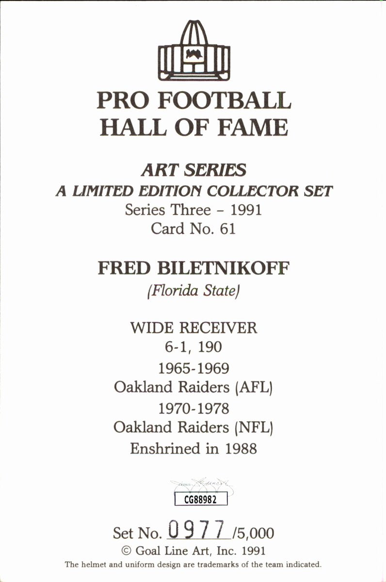 Fred Biletnikoff Raiders HOF Autographed Goal Line Art GLAC Postcard JSA
