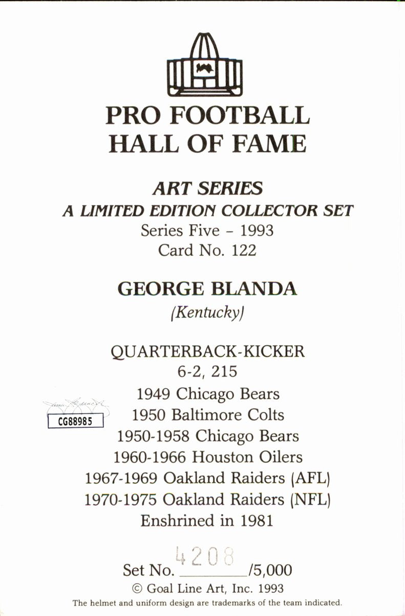 George Blanda Raiders HOF Autographed Goal Line Art GLAC Postcard JSA