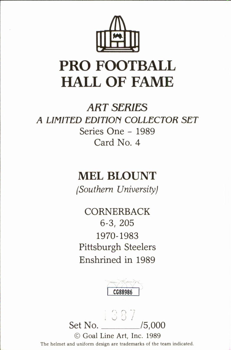 Mel Blount Steelers HOF Autographed Goal Line Art GLAC Postcard JSA