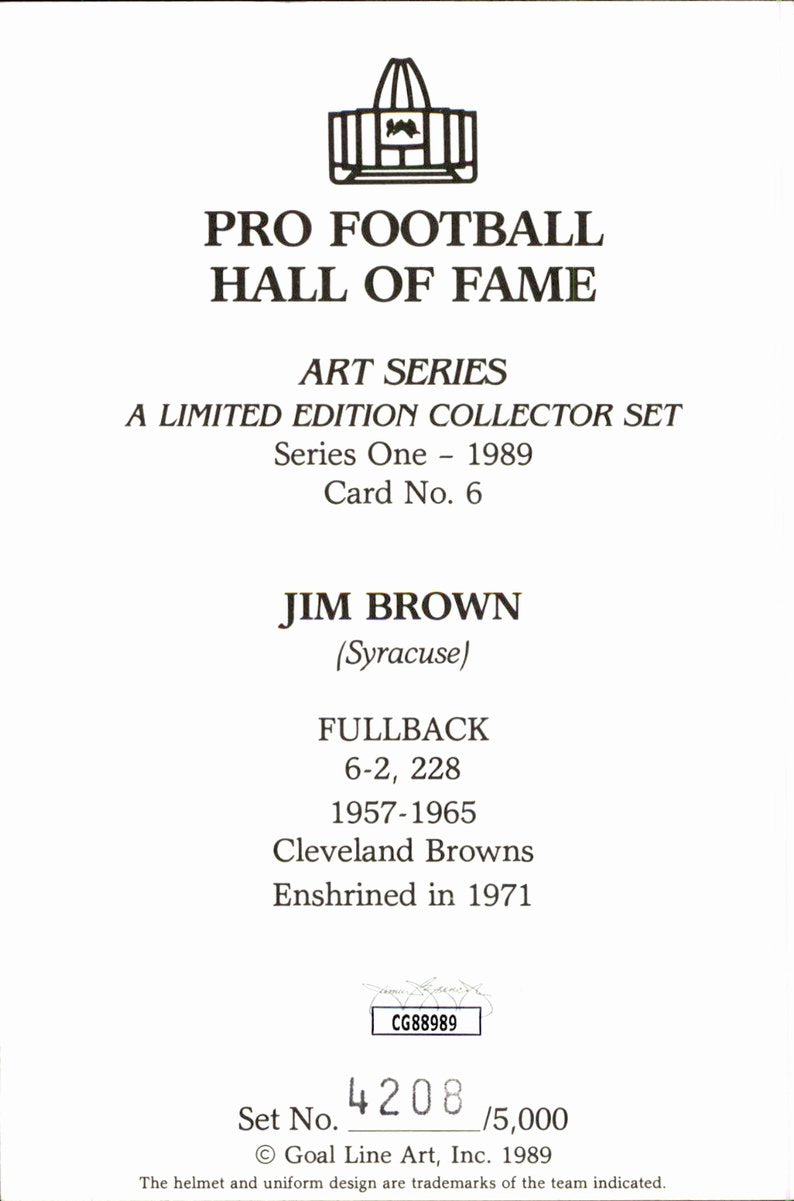 Jim Brown Browns HOF Autographed Goal Line Art GLAC Postcard JSA
