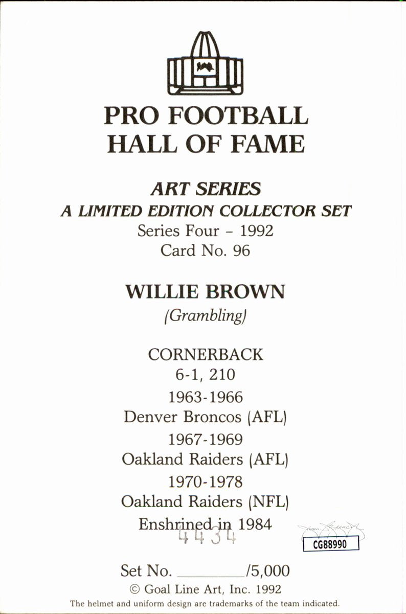 Willie Brown Raiders HOF Autographed Goal Line Art GLAC Postcard JSA