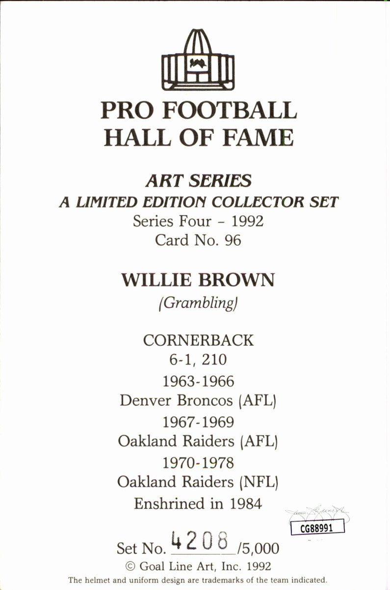 Willie Brown Raiders HOF Autographed Goal Line Art GLAC Postcard JSA