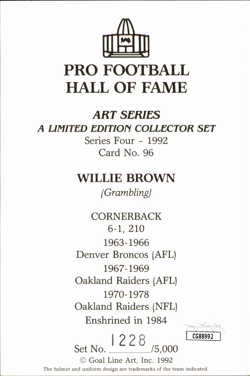 Willie Brown Raiders HOF Autographed Goal Line Art GLAC Postcard JSA