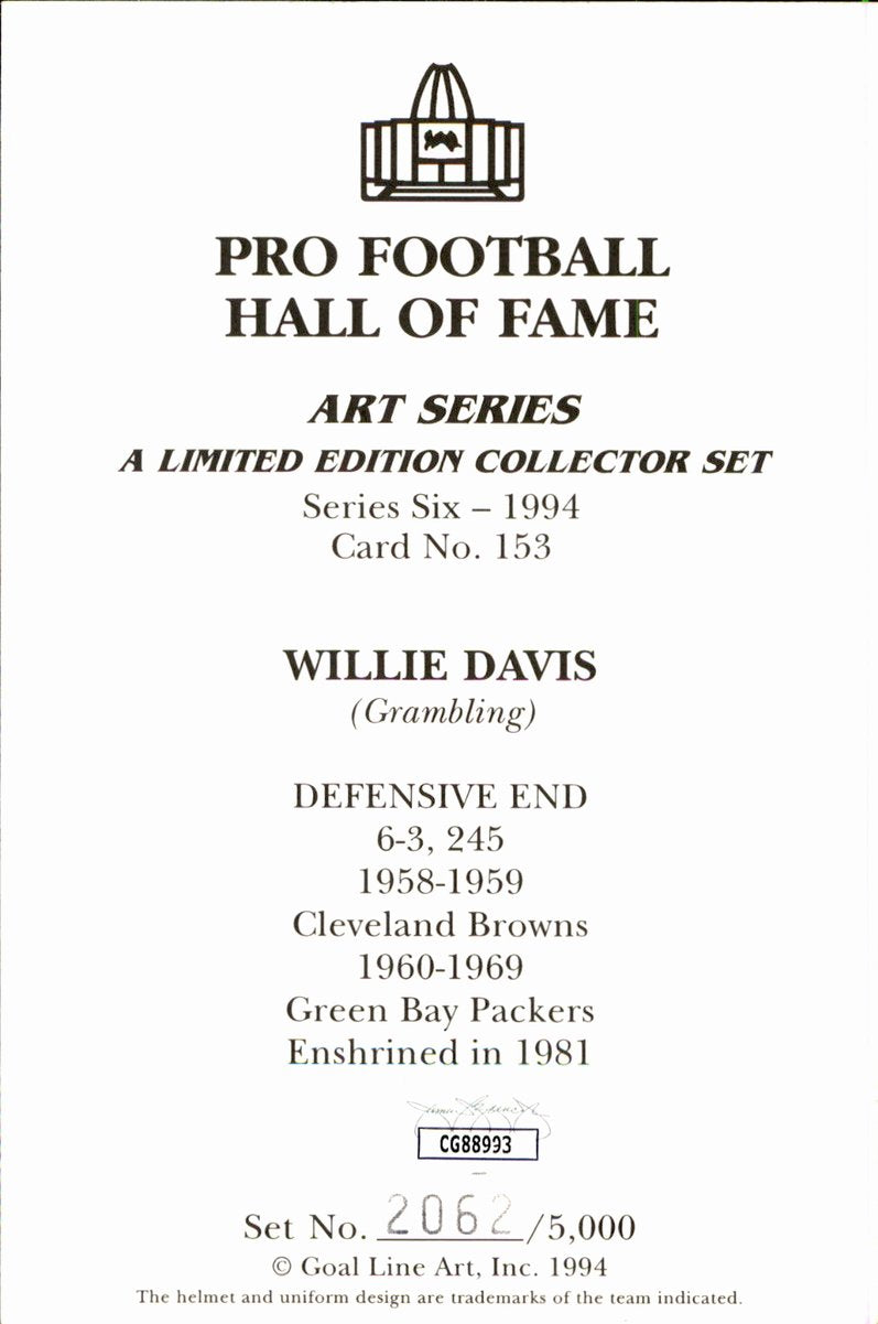 Willie Davis Packers HOF Autographed Goal Line Art GLAC Postcard JSA
