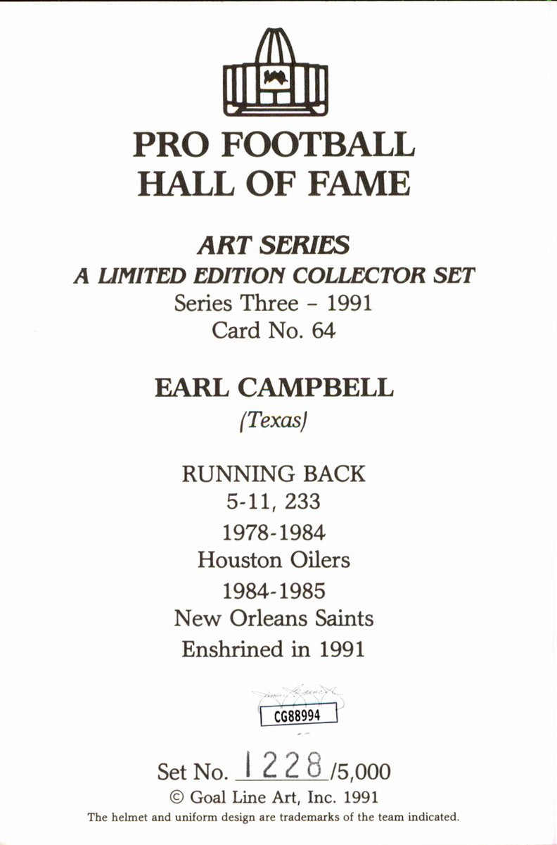 Earl Campbell Oilers HOF Autographed Goal Line Art GLAC Postcard JSA
