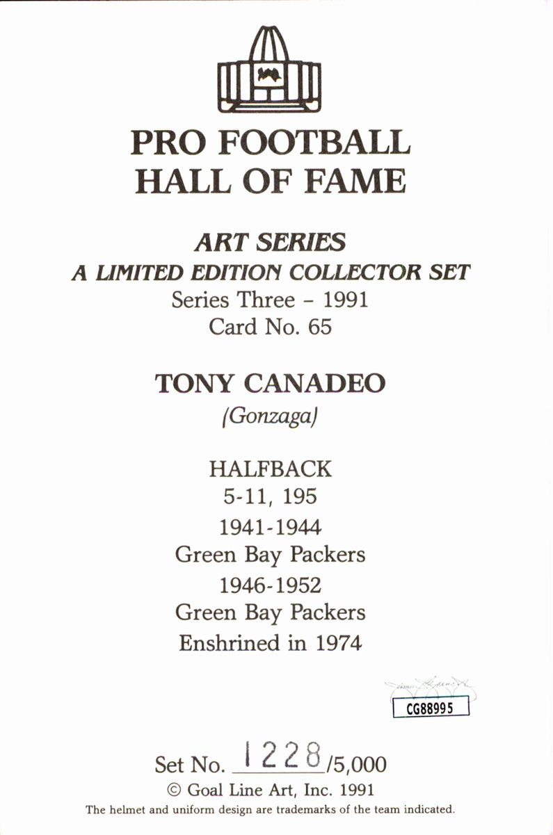 Tony Canadeo Packers HOF Autographed Goal Line Art GLAC Postcard JSA