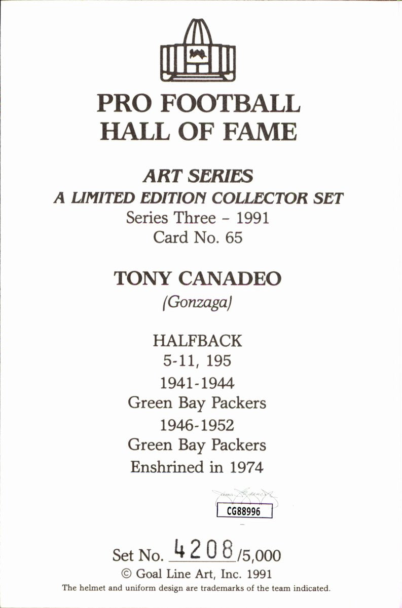 Tony Canadeo Packers HOF Autographed Goal Line Art GLAC Postcard JSA