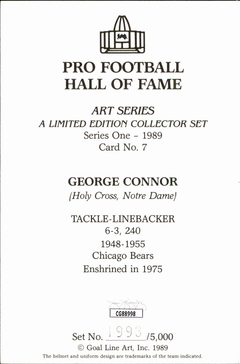 George Connor Bears HOF Autographed Goal Line Art GLAC Postcard JSA