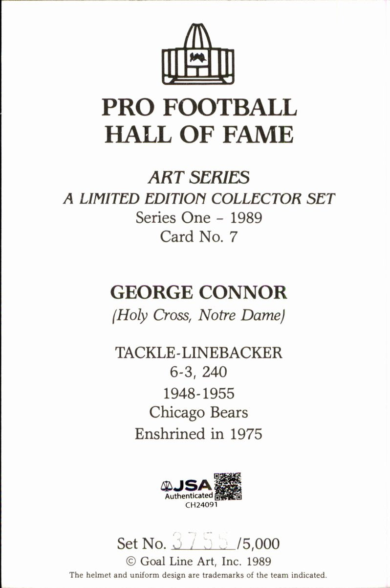 George Connor Bears HOF Autographed Goal Line Art GLAC Postcard JSA
