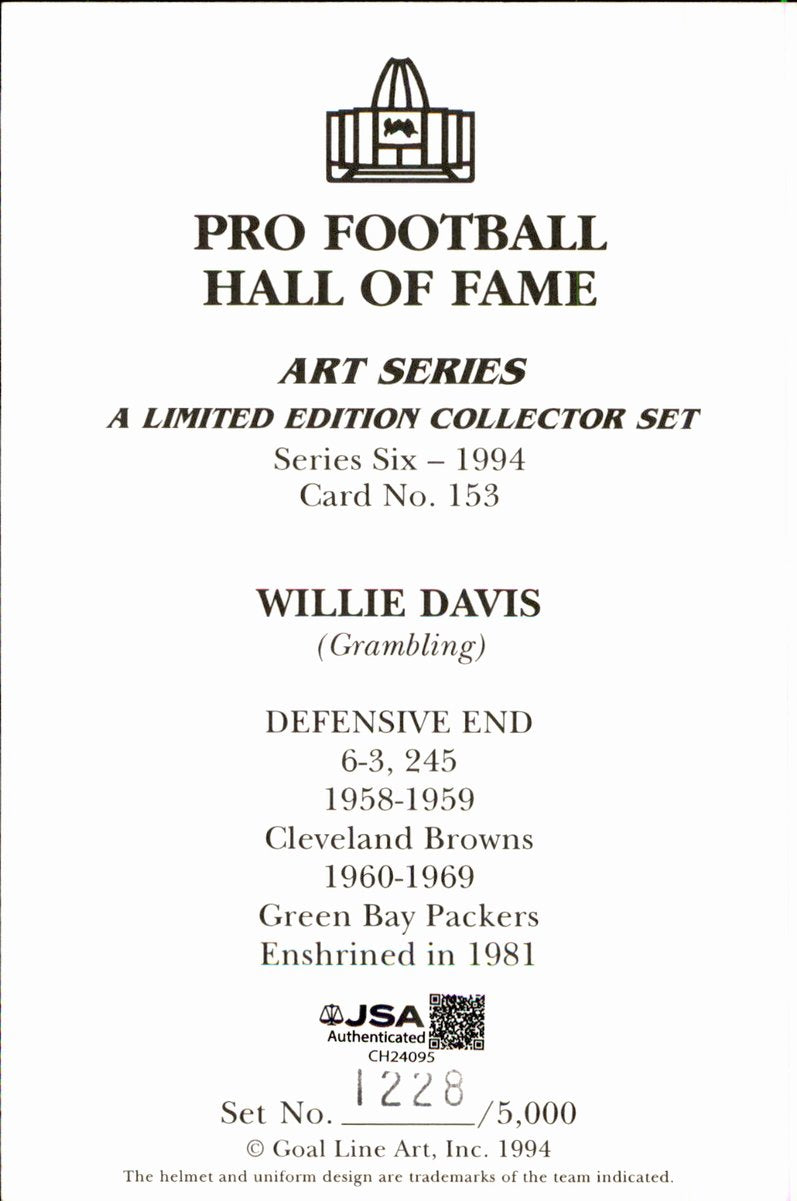Willie Davis Packers HOF Autographed Goal Line Art GLAC Postcard JSA