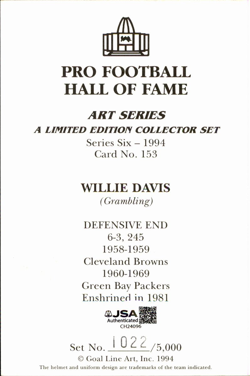 Willie Davis Packers HOF Autographed Goal Line Art GLAC Postcard JSA