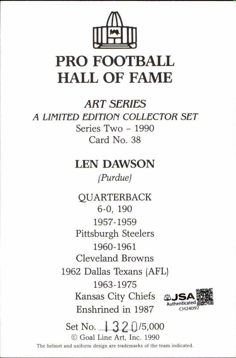Len Dawson Chiefs HOF Autographed Goal Line Art GLAC Postcard JSA