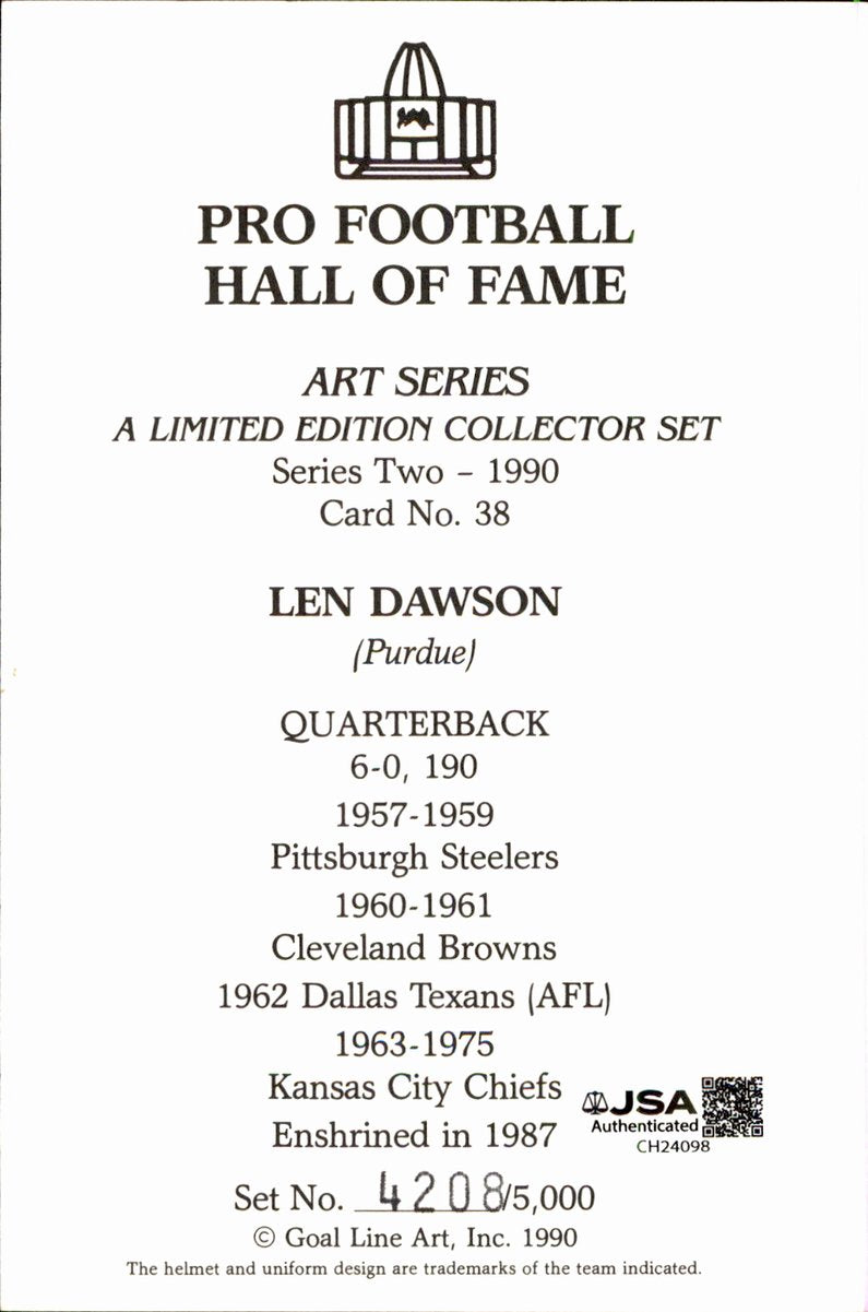 Len Dawson Chiefs HOF Autographed Goal Line Art GLAC Postcard JSA