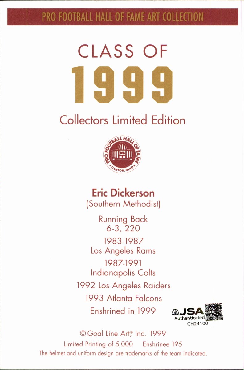 Eric Dickerson Rams HOF Autographed Goal Line Art GLAC Postcard JSA