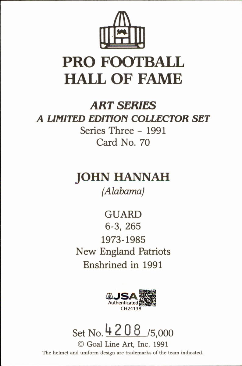 John Hannah Patriots HOF Autographed Goal Line Art GLAC Postcard JSA