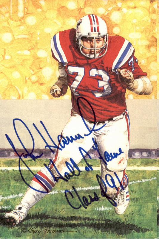 John Hannah Patriots HOF Autographed Goal Line Art GLAC Postcard JSA