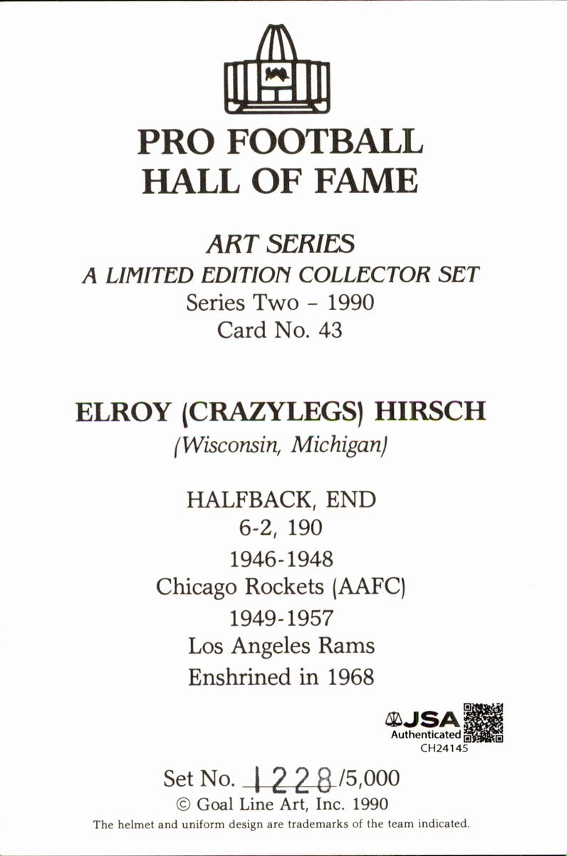 Elroy Crazy Legs Hirsch Rams HOF Autographed Goal Line Art GLAC Postcard JSA