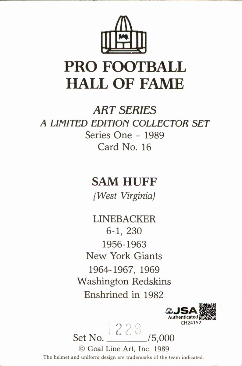 Sam Huff Giants HOF Autographed Goal Line Art GLAC Postcard JSA