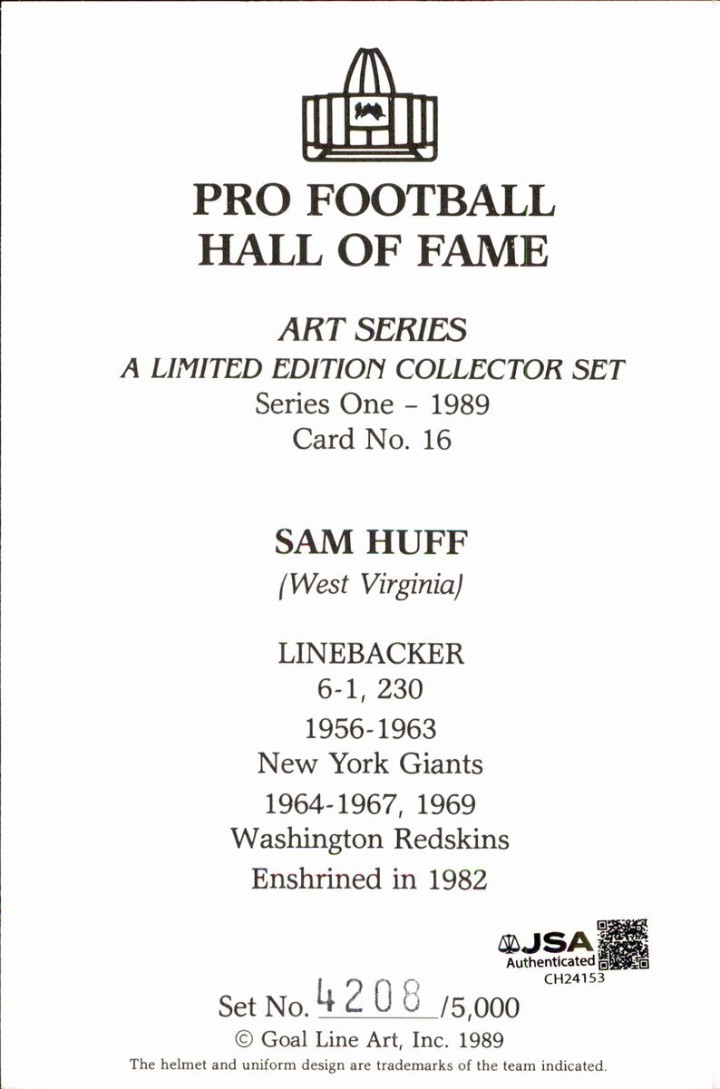 Sam Huff Giants HOF Autographed Goal Line Art GLAC Postcard JSA
