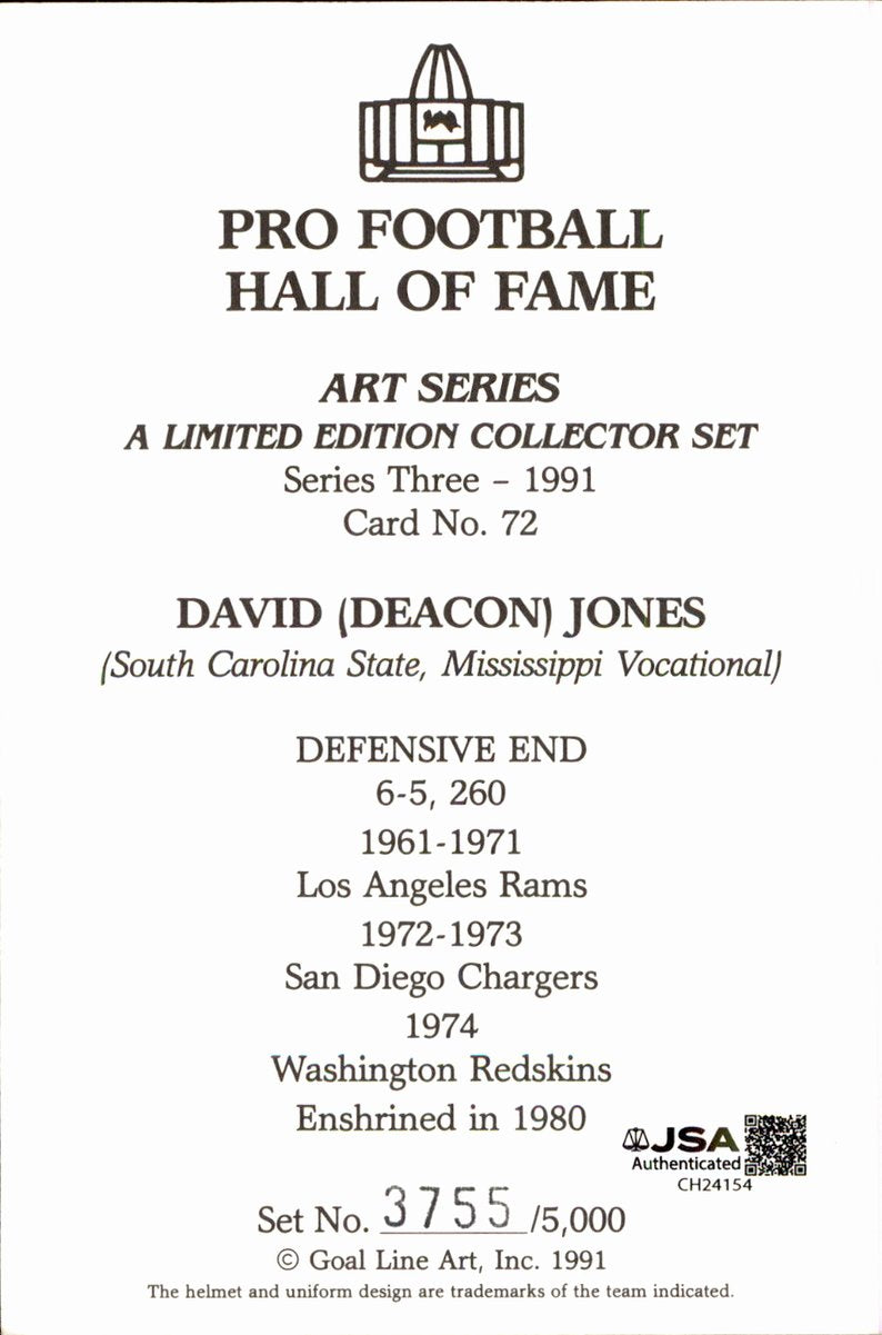 Deacon Jones Rams HOF Autographed Goal Line Art GLAC Postcard JSA