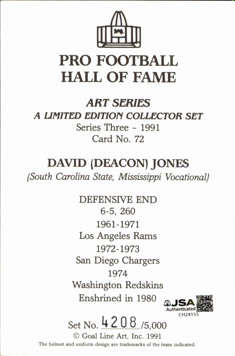 Deacon Jones Rams HOF Autographed Goal Line Art GLAC Postcard JSA