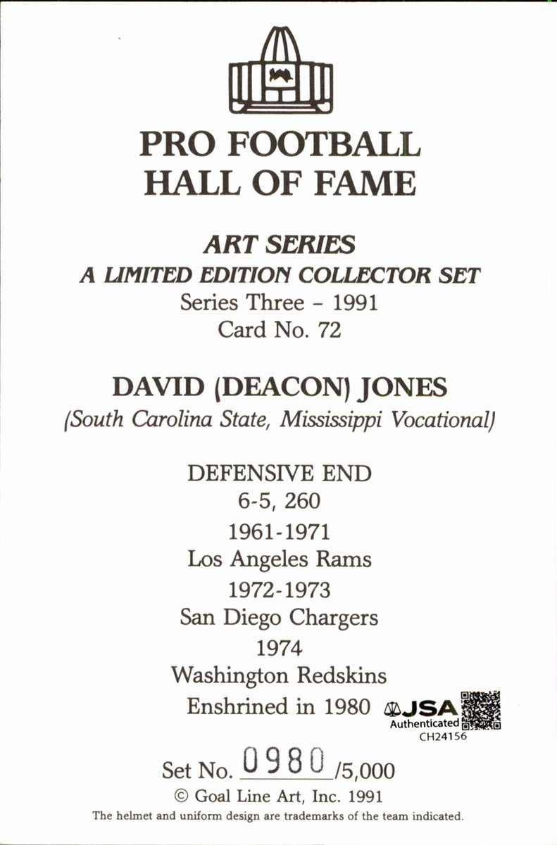 Deacon Jones Rams HOF Autographed Goal Line Art GLAC Postcard JSA